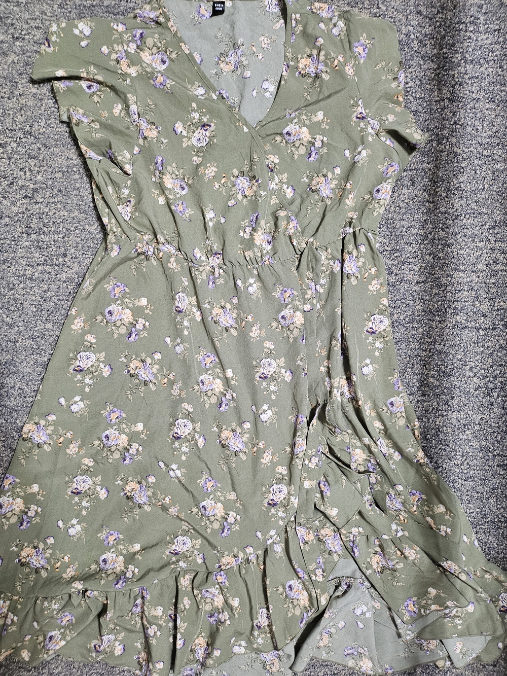 SHEIN Olive Green Floral Midi Dress with Lavender & Cream Blooms